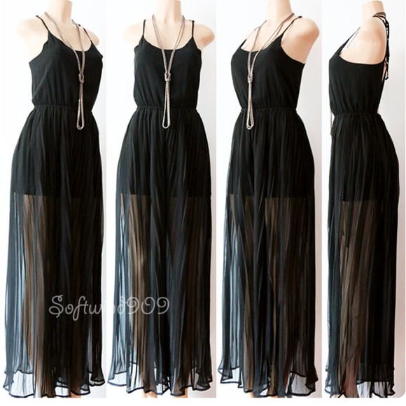 Black Sheer Pleated Wide Leg Palazzo Pant Jumpsuit - Picture 6 of 8